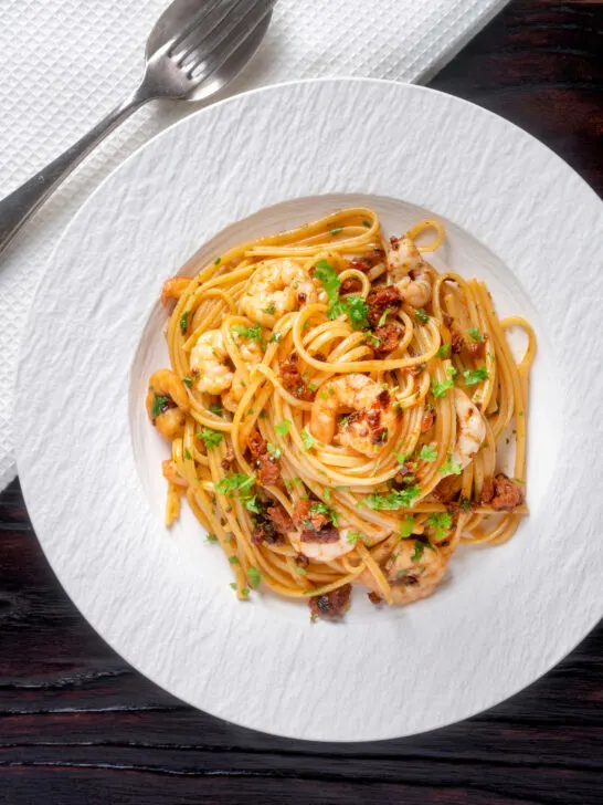 Overhead prawn and chorizo linguini.