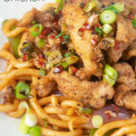 Close-up Chinese salt and pepper chicken served with noodles featuring a title overlay.