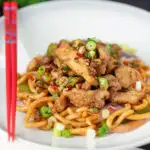 Chinese salt and pepper fried chicken served with udon noodles featuring a title overlay.