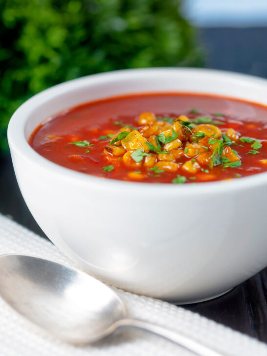 Spicy vegan sweetcorn soup with tomato and chipotle.