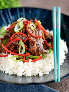 Stir-fried beef steak in oyster sauce with fresh chilli and rice.