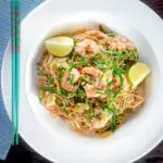 Overhead Thai influenced prawn stir fry with samphire and egg noodles.