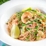 Thai influenced prawn stir fry with samphire and egg noodles.