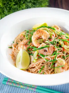 Thai influenced prawn stir fry with samphire and egg noodles.