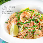 Thai influenced prawn stir fry with samphire and egg noodles featuring a title overlay.