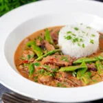 Thai red beef curry with sugar snap peas and coconut milk sauce.