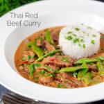 Thai red beef curry with sugar snap peas and coconut milk sauce featuring a title overlay.