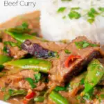 Close-up Thai red beef curry with sugar snap peas and coconut milk sauce featuring a title overlay.