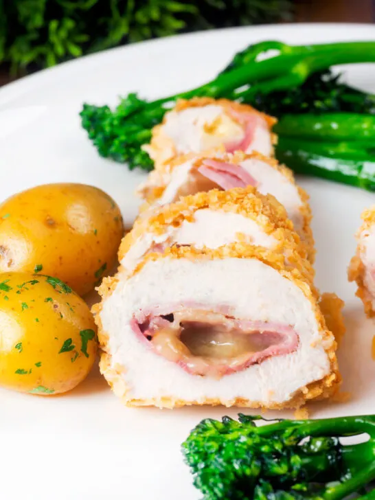 Sliced ham and cheese stiffed chicken breast aka cordon bleu.