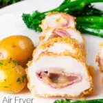 Sliced ham and cheese stiffed chicken breast aka cordon bleu featuring a title overlay.