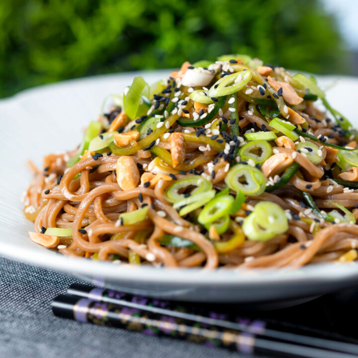 Cold soba noodle salad with toasted peanuts and salted cucumber.