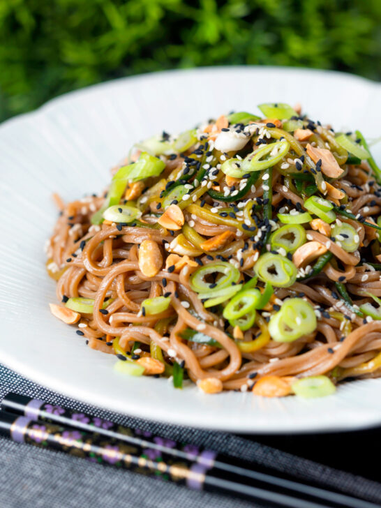 Easy soba noodle salad with cucumber, toasted peanuts and sesame seeds.