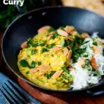 Chicken pasanda yoghurt, coriander and almond curry served with naan bread featuring a title overlay.