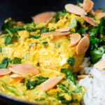 Close-up chicken pasanda yoghurt, coriander and almond curry.