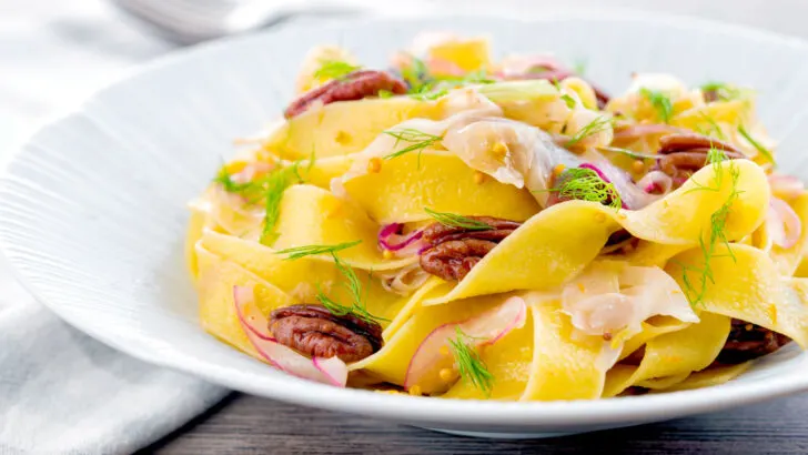 Orange and fennel pasta with pecan nuts and wholegrain mustard.