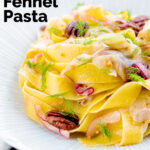 Fennel and orange pasta with red onions and pecan nuts featuring a title overlay.