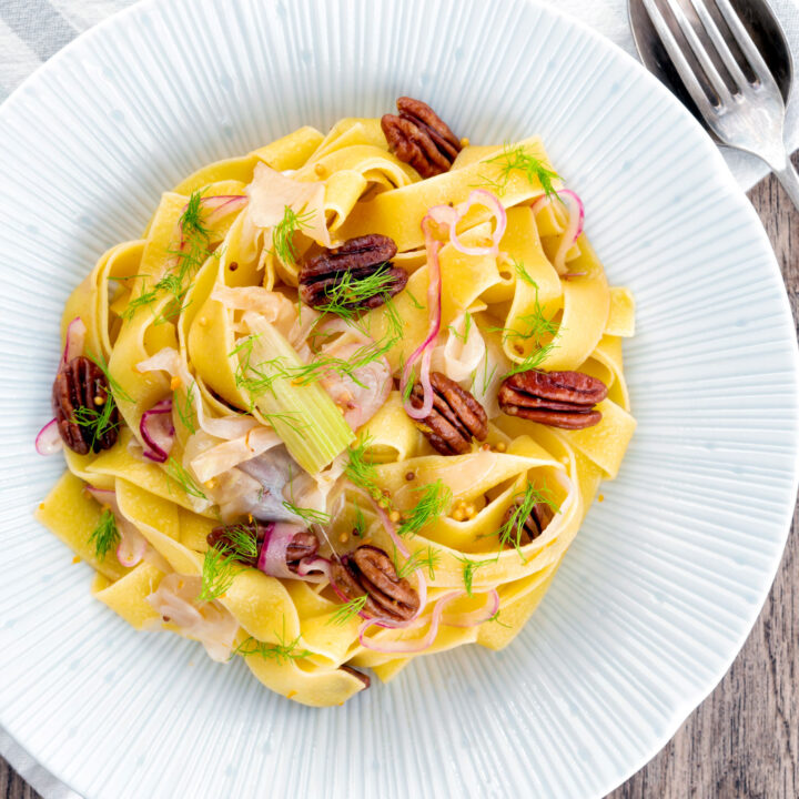 Orange and fennel pasta with pecan nuts and wholegrain mustard.