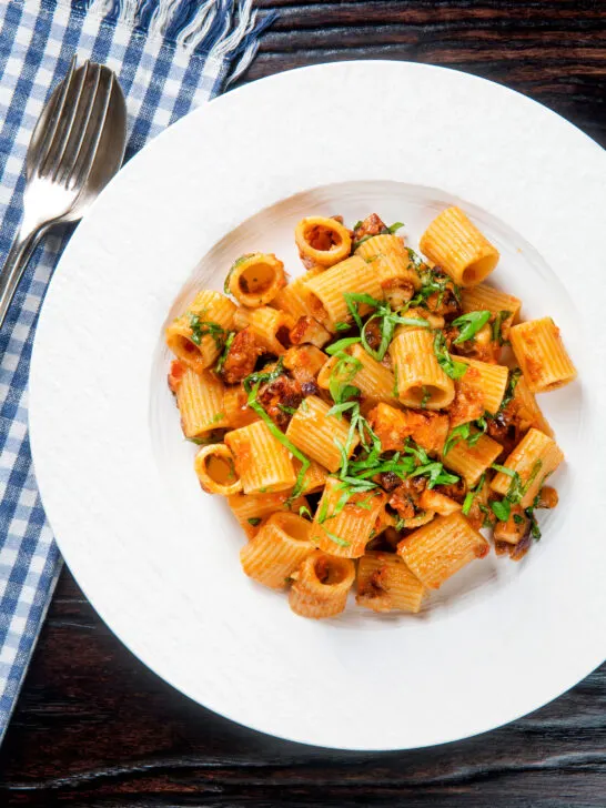 Overhead red pesto halloumi pasta with mezzi rigatoni and fresh basil.