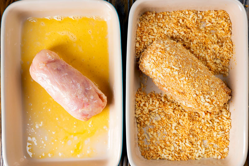 Chicken cordon bleu dipped in eggs then into breadcrumbs.