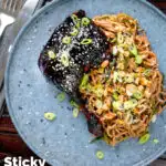 Overhead hoisin baked duck legs with soba noodle salad featuring a title overlay.