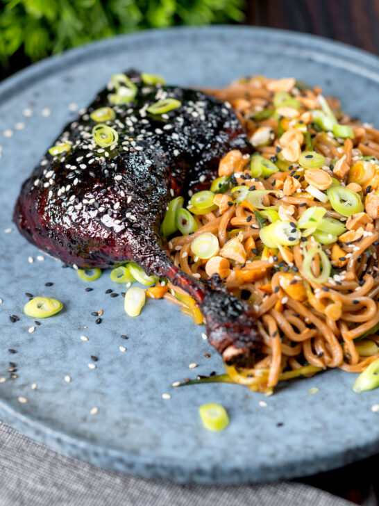 Hoisin baked duck legs with soba noodle salad.
