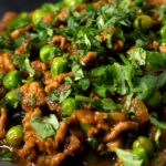 Close-up keema matar, a lamb or mutton mince and pea curry.