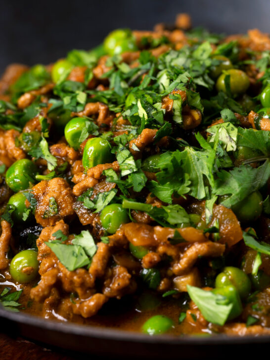 Close-up keema matar, a lamb or mutton mince and pea curry.