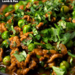 Close-up keema matar, a lamb or mutton mince and pea curry featuring a title overlay.