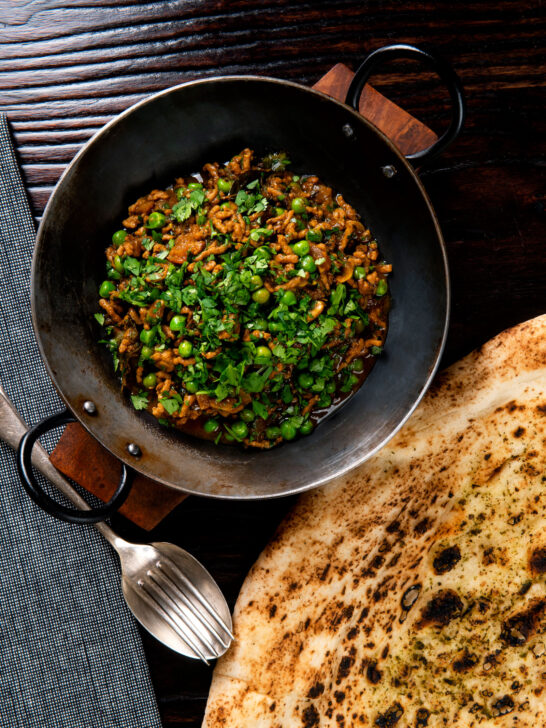 Overhead keema matar, a lamb or mutton mince and pea curry.