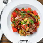 Overhead oven-roasted pork loin steaks with chorizo, peppers and beans in a honey glaze featuring a title overlay.