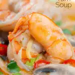 Close-up creamy Thai prawn tom yum soup featuring a title overlay.
