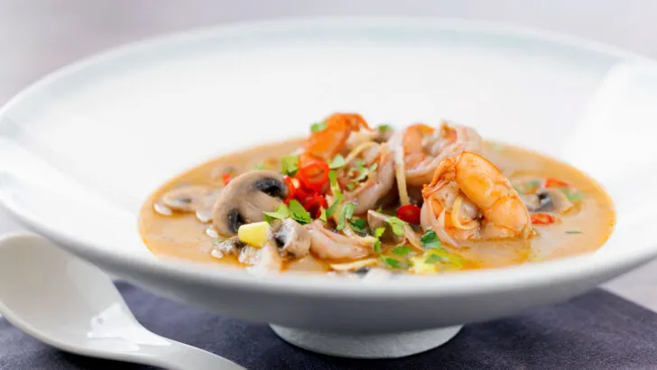 Thai prawn tom yum hot and sour soup with coconut milk.