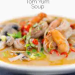 Creamy Thai prawn tom yum soup featuring a title overlay.