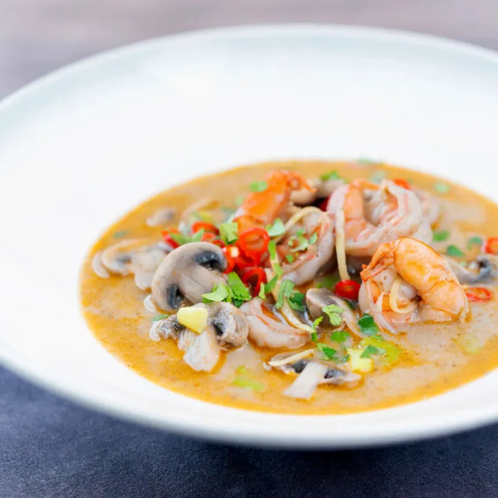 Thai prawn tom yum hot and sour soup with coconut milk.