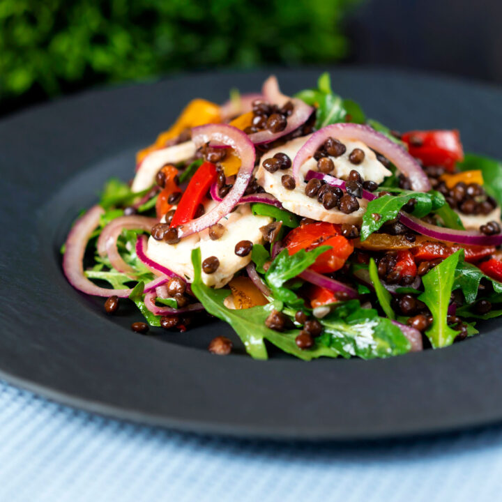 French puy lentil salad with roasted peppers, rocket and goats cheese.