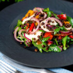 Puy lentil salad with roasted peppers, goat's cheese and rocket.