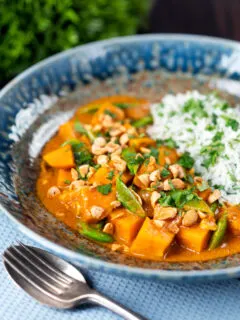 Vegan satay sweet potato curry with a coconut milk sauce.