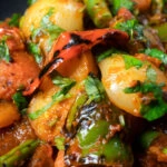 Close-up vegan vegetable bhuna Indian curry.