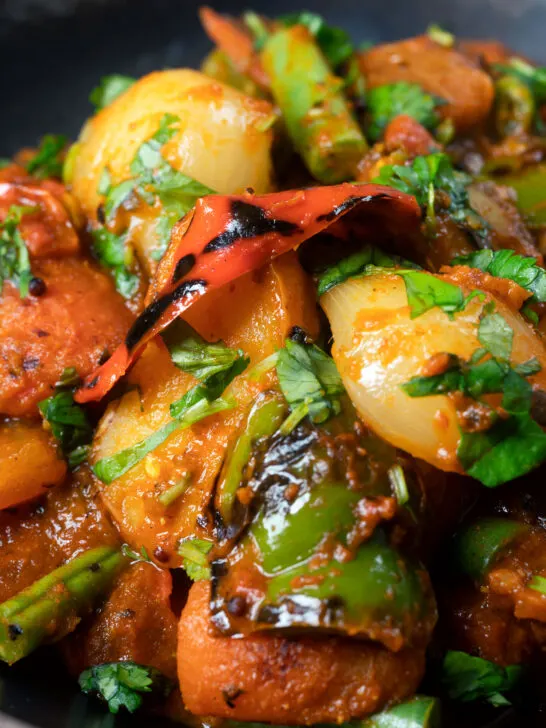 Close-up vegan vegetable bhuna Indian curry.