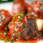 Close-up pork and black pudding meatballs with tomato sauce featuring a title overlay.