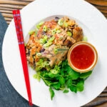 Overhead UK Chinese takeaway style chicken egg foo yung omelette.