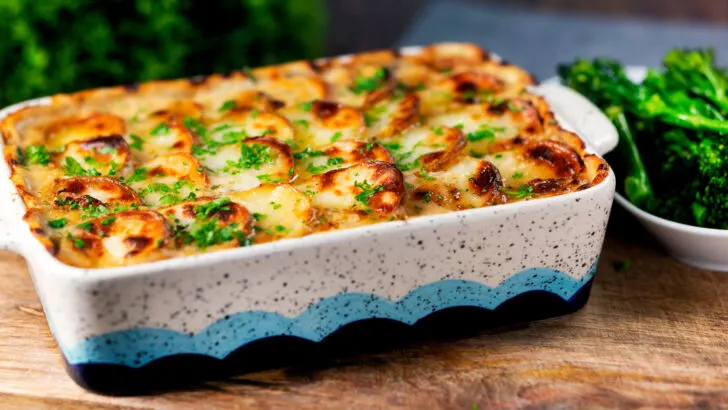 Creamy Chicken and Leek Hotpot with a crispy scalloped potato topping.