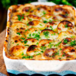 Crispy potato topped oven baked creamy chicken and leek hotpot.
