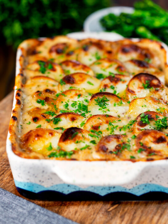 Crispy potato topped oven baked creamy chicken and leek hotpot.