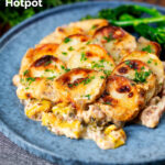 Scalloped potato topped creamy chicken and leek hotpot with roasted tenderstem broccoli featuring a title overlay.