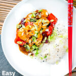 Overhead sweet and sour prawns stir-fry served with rice and spring onions featuring a title overlay.