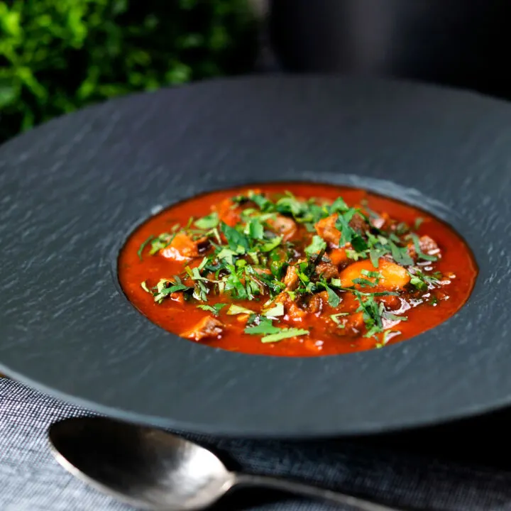 Lebanese-influenced fasolia lamb and butter bean stew with fresh coriander.