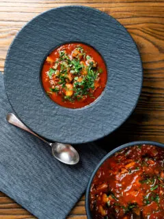 Overhead fasolia, Middle Eastern lamb and butter bean stew.