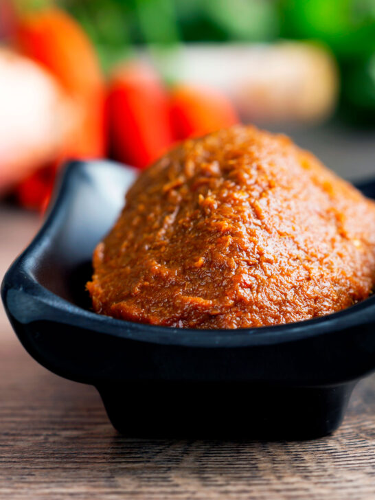 Homemade easy Red Thai curry paste presented in a bowl.