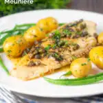 Whole pan-fried lemon sole meuniere served with new potatoes and green beans featuring a title overlay.